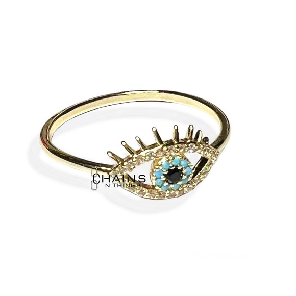 Blue eye ring gold plated sparkly zircon crystals lashes boho stylish protective - Picture 1 of 5
